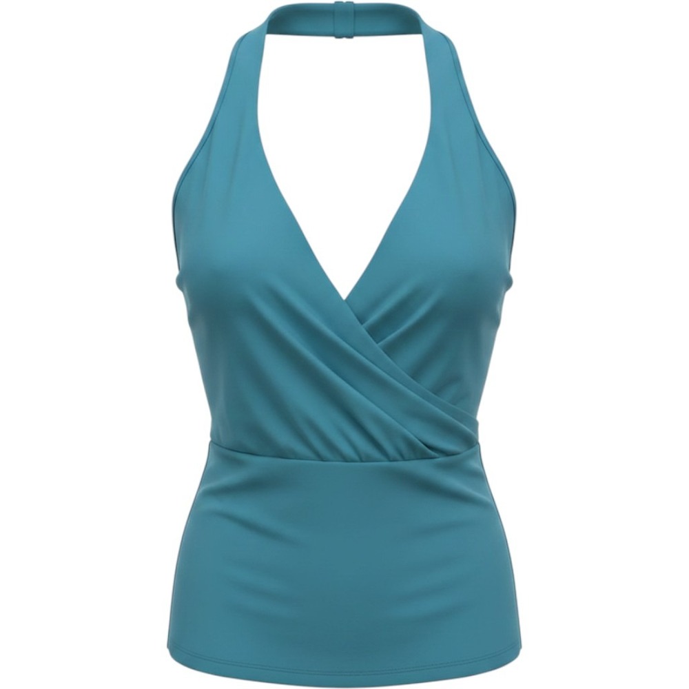 Wasabi + Mint Seafoam Blue Ruched Side Halter Wrap Top V-Neck WMT3834 NWT Large